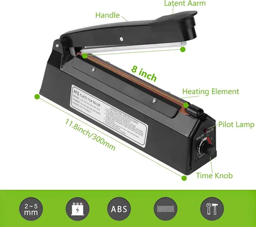 Vista 3 de Sellador térmico por impulso de 8 pulgadas, máquina de sellado térmico manual de bolsas de polietileno, selladora térmica para bolsas de plástico