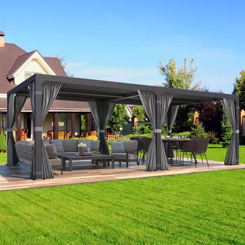 Vista 14 de MELLCOM Pérgola con Persianas – Pérgola de Aluminio de 10 x 10 pies con techo de persianas ajustables y cortinas y redes impermeables