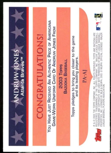 Vista 2 de Andruw Jones Card 2003 Bazooka Piece of Americana Relics #AJ