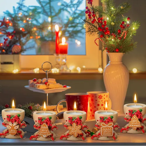 Vista 3 de Paquete de 25 velas de Navidad para regalo, tarro rústico de velas de Feliz Navidad, velas de té a granel con soporte de madera natural, decoración