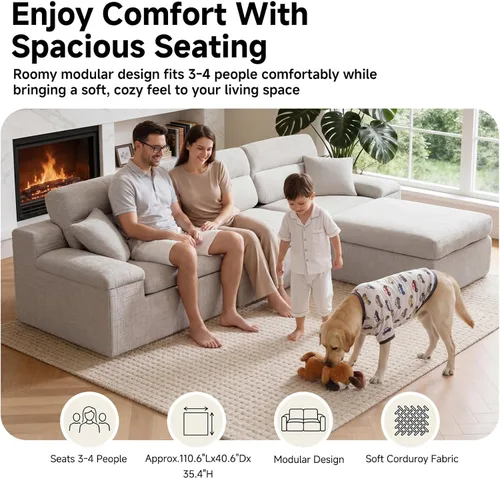 Vista 7 de Sofá modular deshuesado de 110 pulgadas con otomana, sofá cama en forma de L para sala de estar, sofá modular sin montaje, sofá profundo de tela