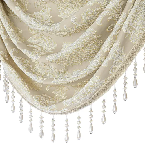 Vista 4 de Loom and Mill Cenefa de cascada de lujo de jacquard para sala de estar, elegantes cenefas de ventana con festones y cuentas damascadas, cortinas