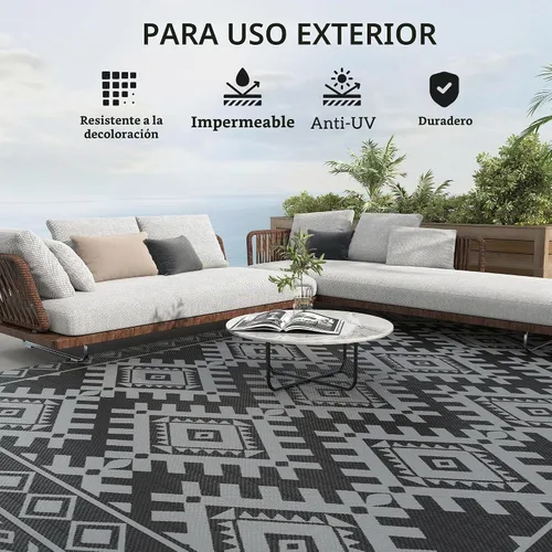 Vista 6 de Outsunny Alfombra de exterior para patio impermeable 9' x 18' rombo negro y Borde rombo negro y gris