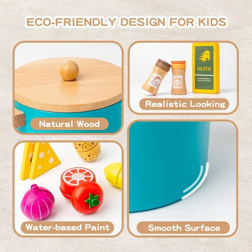 Vista 7 de Cafetera de madera para niños, juego de juguetes de comida para niños pequeños