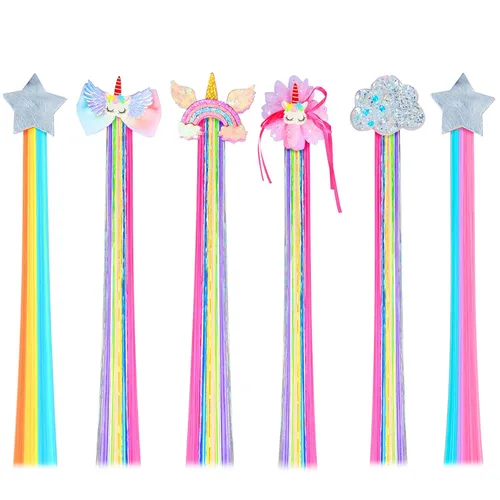 Vista 15 de 8 pinzas para el cabello para niñas, extensiones de cabello de arcoíris liso de animales para niños, accesorios para niñas pequeñas, colas