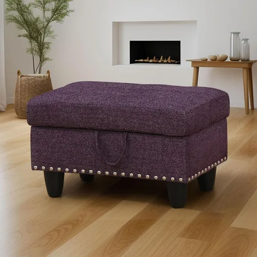 Vista 2 de Banco otomano de almacenamiento, taburete rectangular de lino de 28.5 pulgadas con ribete de cabeza de clavo, otomana tapizada para sala de estar