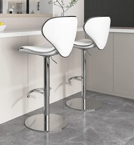 Vista 13 de Juego de 2 taburetes giratorios para mostrador de desayuno, taburete ergonómico con respaldo de barra, altura ajustable, cuero de napa cromado
