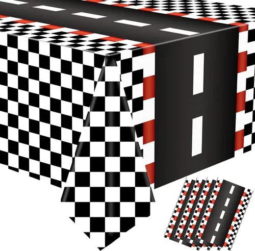 Vista 8 de 2 manteles de plástico desechables con diseño de automóvil de carreras, con diseño de bandera a cuadros negros, mantel rectangular para niños