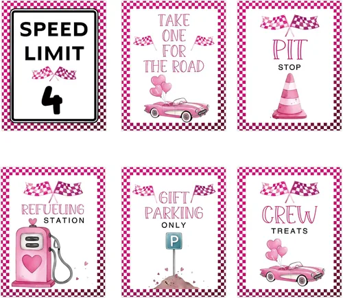 Vista 9 de Letreros de fiesta de primer cumpleaños de coche de carreras rosa, límite de velocidad, decoraciones de cumpleaños para niña, decoración rápida