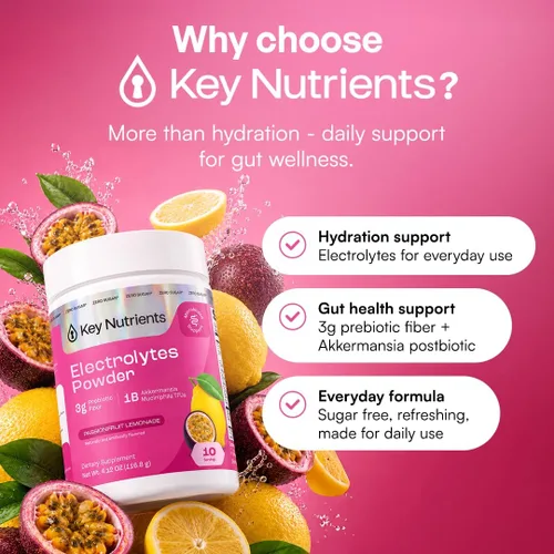 Vista 9 de KEY NUTRIENTS Electrolitos en polvo sin azúcar, limonada de maracuyá con 6 electrolitos y minerales, fibra prebiótica y polvos de hidratación