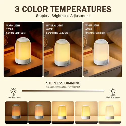 Vista 3 de Luz nocturna táctil de mesita de noche, luz nocturna de guardería para bebés para niños y adultos, luz de huevo con temporizador, lámpara de mesa