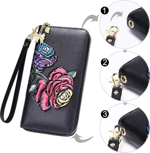 Vista 6 de FEITH & FELLY - Cartera con bloqueo RFID para mujer, de cuero grabado en relieve, talla única