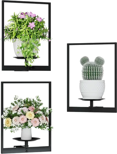 Vista 15 de Soporte para plantas de pared de metal negro, paquete de 2 soportes para plantas montados en la pared y soportes colgantes para macetas