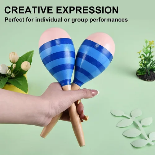 Vista 5 de Maracas para adultos y niños, 2 unidades de 9 pulgadas de maraca de madera para recuerdos de fiesta, color azul