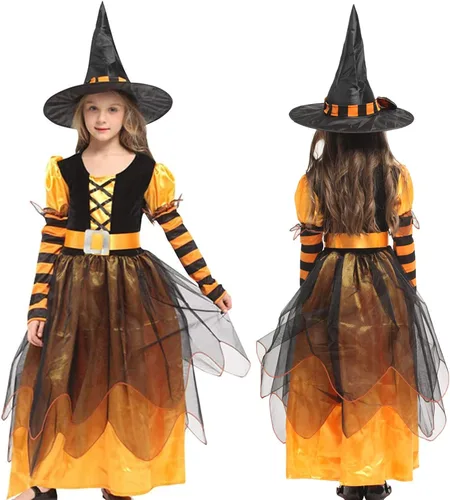 Vista 5 de Witch Costume Girls Halloween Witch Dress Costumes Kids Deluxe Witch Hat Broomstick Halloween Candy Bags Fancy Dress Up Party