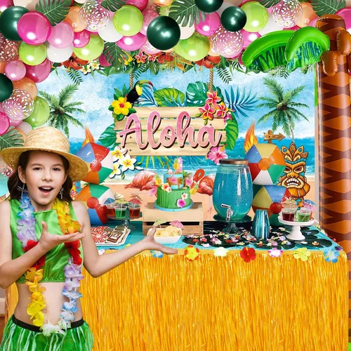 Vista 7 de Decoraciones de fiesta hawaiana Luau (161 unidades), suministros tropicales de verano para fiesta en la playa y piscina, incluyendo telón de fondo