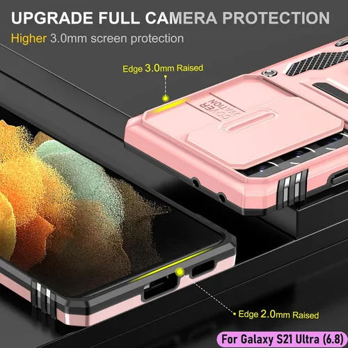 Vista 6 de Funda resistente para Samsung Galaxy S21 Ultra, protección híbrida de goma de doble capa de grado militar con protector de cámara deslizante