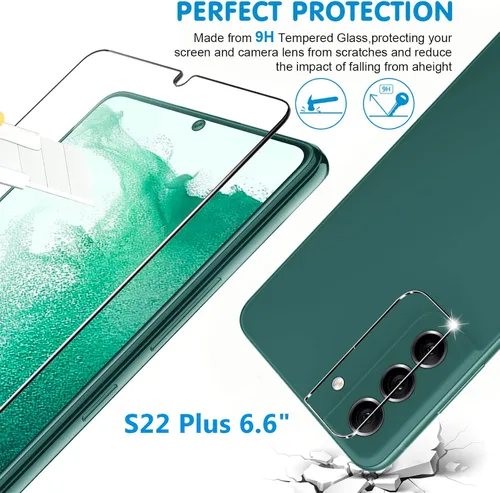 Vista 3 de [Paquete de 3+3] Protector de pantalla de vidrio para Samsung Galaxy S22 Plus 5G, vidrio templado 9H, compatible con huellas dactilares