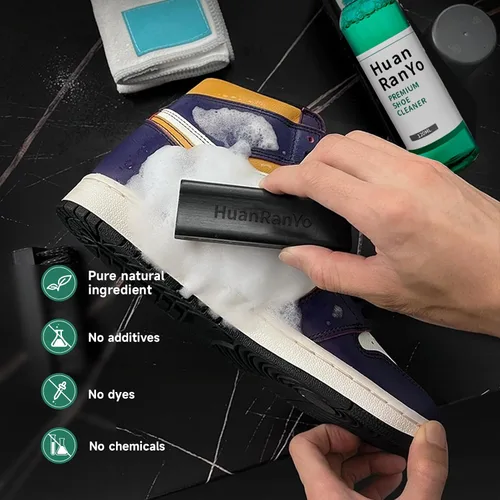 Vista 3 de HuanRanYo Kit de limpieza de zapatillas Limpiador de zapatos premium de 4 onzas, 2 cepillos y dos borradores Seguro en todas las telas. Adecuado