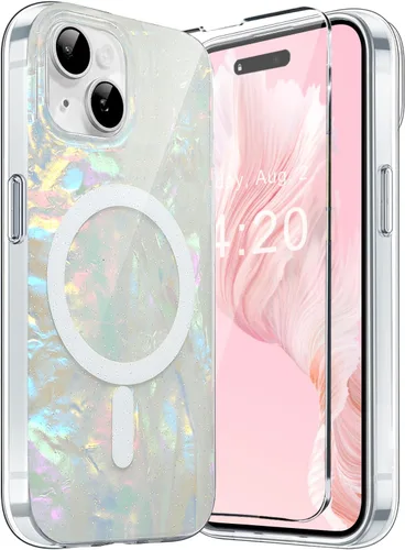 Vista 10 de Funda MagSafe para iPhone 15 Pro para mujeres y niñas, funda magnética iridiscente con purpurina iridiscente de ópalo perlado