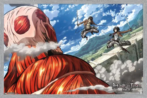 Vista 13 de Trends International Attack on Titan - Póster de pared de doble equipo, 14.725 x 22.375 pulgadas, versión enmarcada de madera de granero