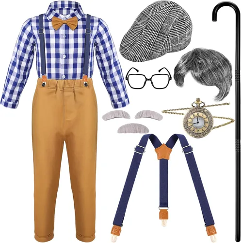Vista 9 de Lasnten Disfraz de anciano, sombrero, gafas, juego de accesorios de abuelo para niños (estilo normal)