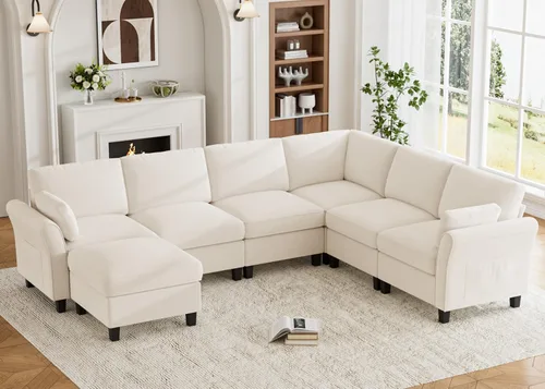Vista 24 de Legend Vansen Sofá modular seccional, cómodo sofá modular en forma de U de 6 asientos con espacio de almacenamiento y diván, sofás seccionales Crema