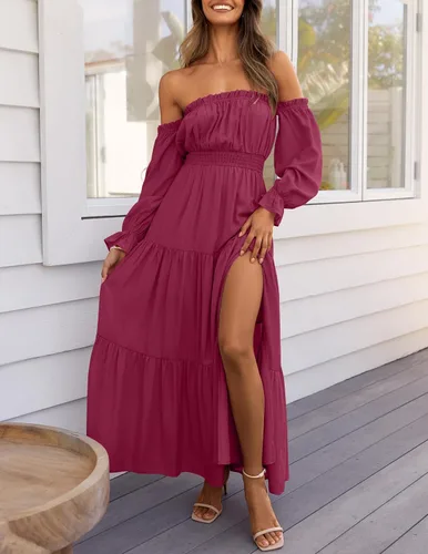 Vista 34 de ZESICA - Vestido largo, bohemio y sexy, con hombros descubiertos y manga larga fruncida, con elástico fruncido, cintura alta y abertura lateral