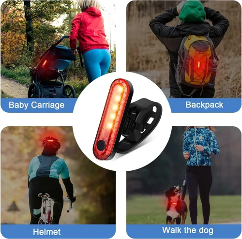 Vista 7 de Luz trasera para bicicleta, 5 LED, luz trasera recargable, luz trasera de bicicleta, intermitentes de seguridad parpadeantes, 4 modos (juego A)