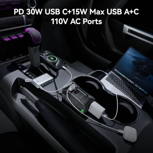 Vista 6 de Inversor de corriente para automóvil de 400 W CC 12 V a 110 V AC con PD 30 W/15 W USB C+2 puertos USB A y 2 salidas de CA, adaptador de enchufe