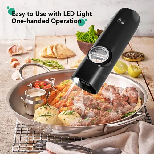 Vista 2 de Juego de molinillo eléctrico de sal y pimienta, juego de molinillo de pimienta automático recargable, luz LED, con una sola mano, con recipiente