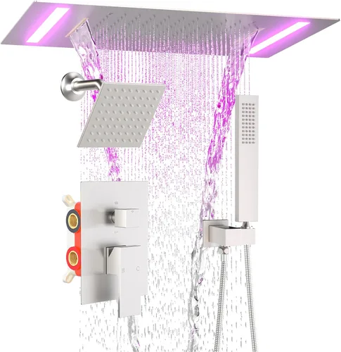 Vista 15 de ENGA Sistema de ducha dorado brillante con chorros corporales, 2 en 1 funciones de montaje en techo, cabezal de ducha LED de 14 x 20 pulgadas con 4