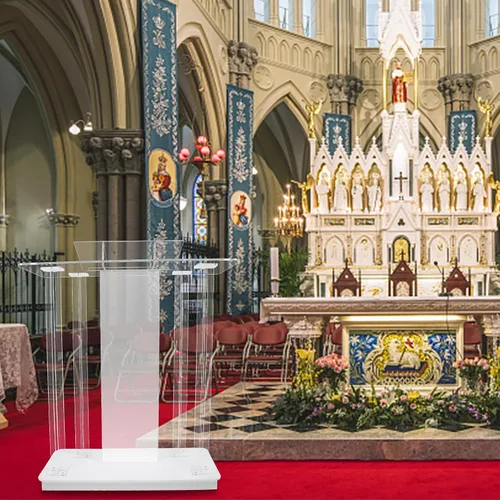 Vista 7 de Púlpito acrílico personalizable con logotipo y texto con ruedas, iluminación LED y plataforma de lectura vertical, atril de iglesia transparente