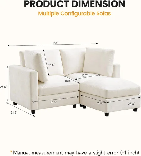Vista 2 de 63" sofá seccional modular de Loveseat con otomana movible para sala de Beige