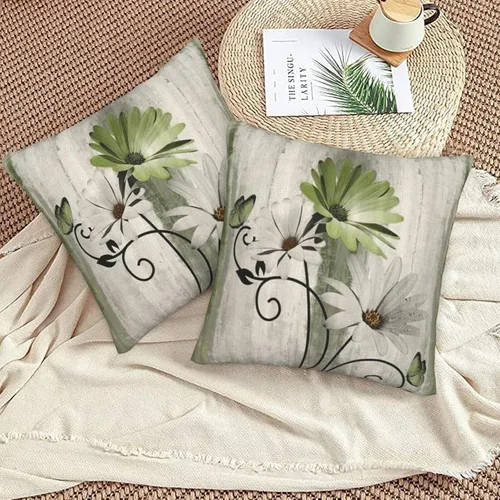 Vista 3 de Juego de 2 fundas de almohada florales de color salvia de 16 x 16 pulgadas, fundas de almohada decorativas con flores de margarita y mariposas