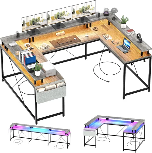 Vista 9 de Jojoka Escritorio en forma de U, escritorio de oficina esquinero grande de 79 pulgadas con soportes para monitor, escritorio reversible