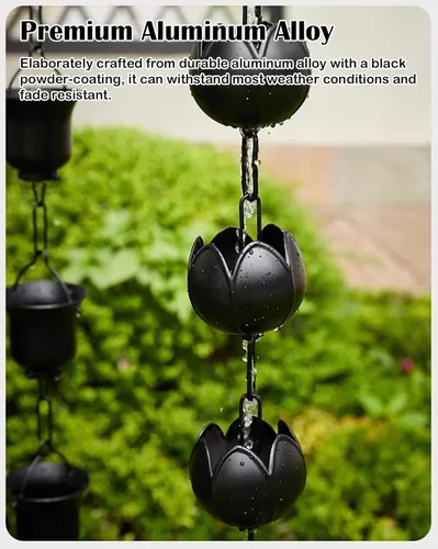 Vista 2 de Black Rain Catcher Chain with Hook, Aluminum Rain Chain Gutter Downspout Replacement, Outdoor Decor Rain Cups Water Feature Downpipe,Style Style B
