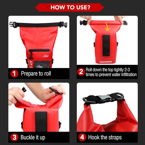 Vista 11 de Kit de primeros auxilios impermeable de 250 piezas, bolsa seca reflectante con tapa enrollable para barco, bolsas de emergencia, kit médico