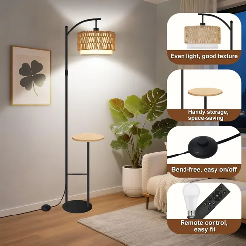 Vista 7 de Lámpara de pie de arco con mesa, lámparas de pie de ratán boho para sala de estar con control remoto regulable 3 temperaturas de color, lámpara