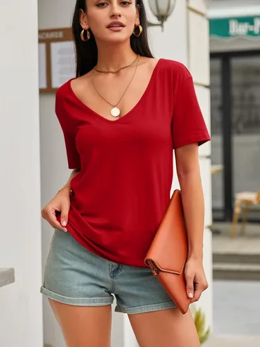 Vista 3 de Camisetas de manga corta con cuello en V profundo para mujer, ajuste holgado, básica, a la moda