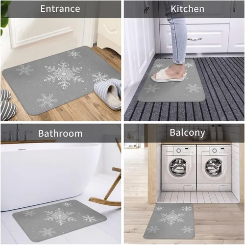 Vista 2 de Tapete de baño, tapete de baño suave y lanudo de Navidad con copos de nieve gris, tapete antideslizante para cocina, dormitorio, 18 x 30 pulgadas