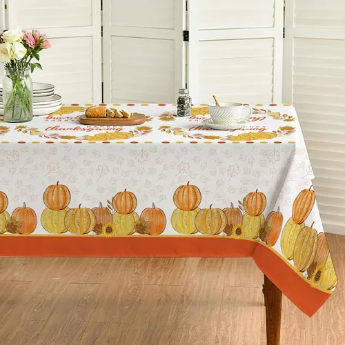 Vista 2 de ATFUNSHOP Mantel de Acción de Gracias, paquete de 2 manteles desechables de 54 x 108 pulgadas, suministros para fiestas, calabazas, hojas de otoño
