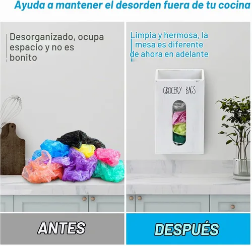Vista 3 de Soporte para bolsas de comestibles de granja para cocina, soporte de bolsa de plástico de madera para reciclar bolsas de plástico, dispensador