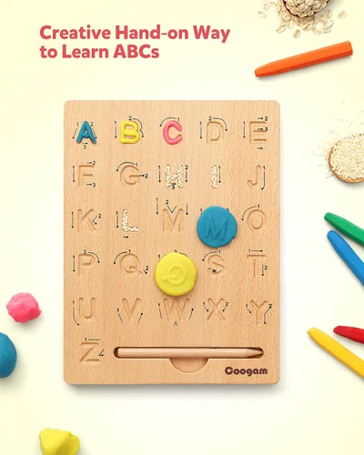 Vista 4 de Coogam Tabla de práctica de letras de madera, herramienta de rastreo del alfabeto de doble cara, herramienta de aprendizaje de escritura ABC, juego