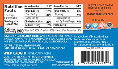 Vista 2 de Season Sardinas en salsa picante, capturadas en la naturaleza, 0.85 oz de proteína, bocadillos Keto, más Omega 3 que atún, Kosher, alto en calcio