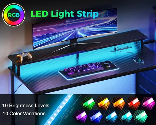 Vista 5 de AODK Escritorio para juegos de 52 pulgadas con puertos de carga USB y luz LED, escritorio reversible para computadora con estantes de almacenamiento