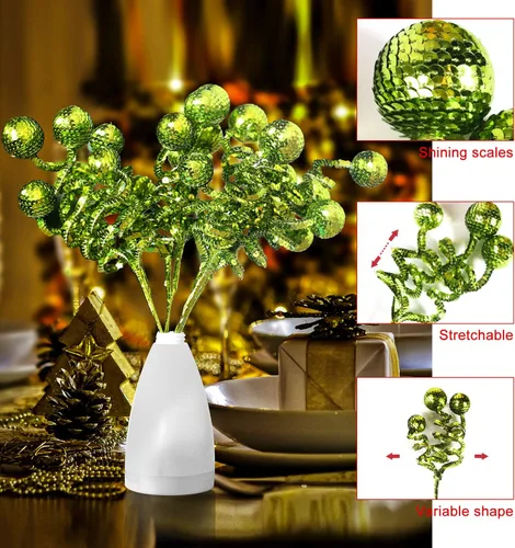 Vista 5 de Juego de 6 adornos de Navidad verdes, tubo con lentejuelas y esferas, decoración de Navidad, decoración de árbol de Navidad, decoración perfecta