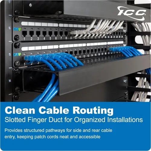 Vista 3 de ICC Panel de gestión de cables de conducto de dedo de 1U con cubierta, plástico con marco trasero de metal, 3 pulgadas de profundidad, gestión