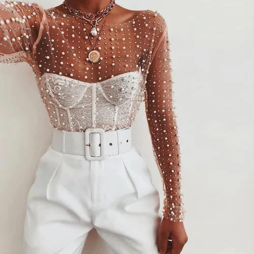 Vista 2 de Blusa de malla de manga larga transparente con diamantes de imitación y cuentas para mujer