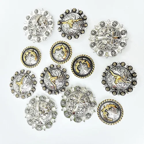 Vista 4 de Horse TACK Antique Grabado Berry Conchos Tornillo Atrás Insignias Cruz Longhorn Steer Cuero Artesanía Bukle 12pcs Mixto